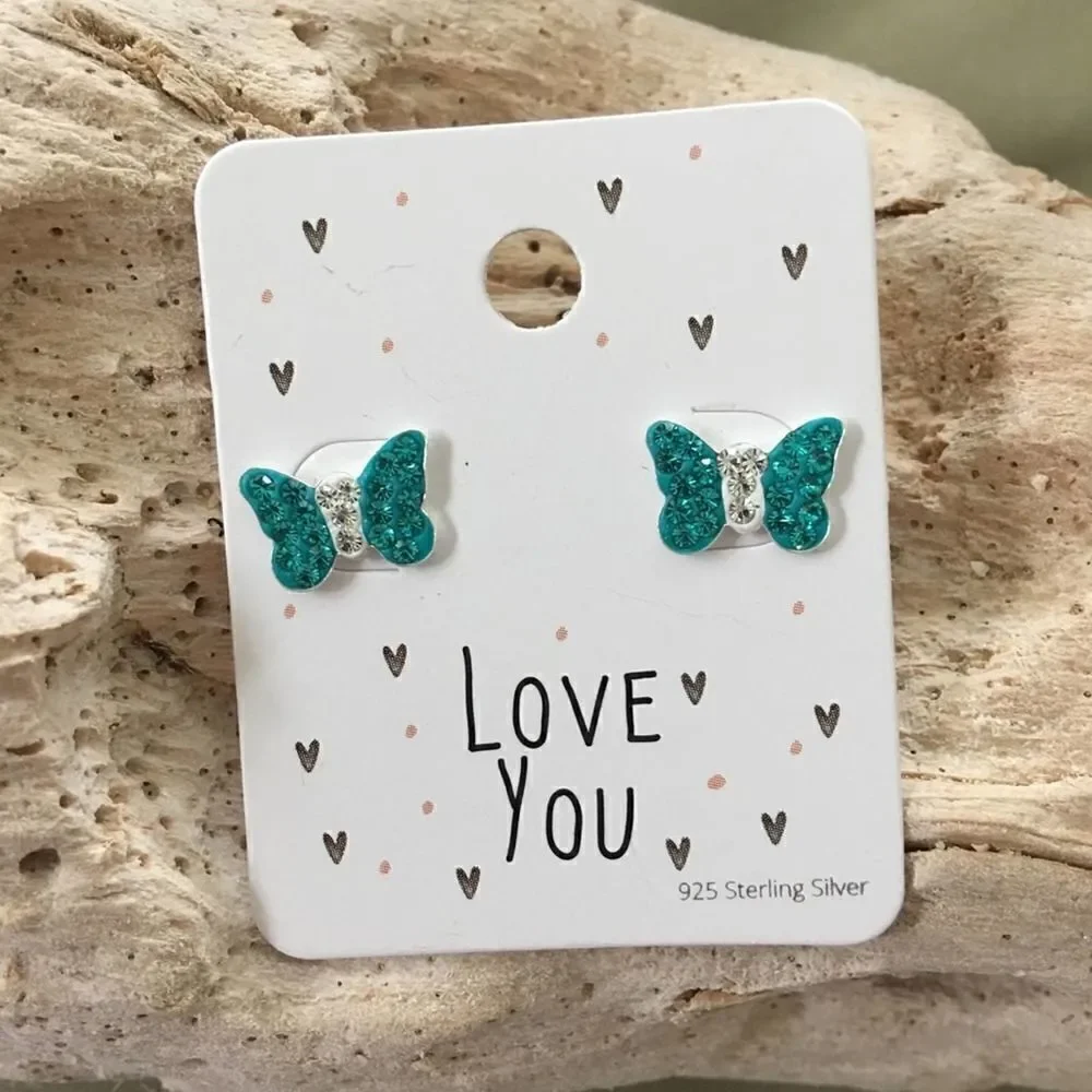 Girls Crystal Sterling Silver Butterfly Earrings